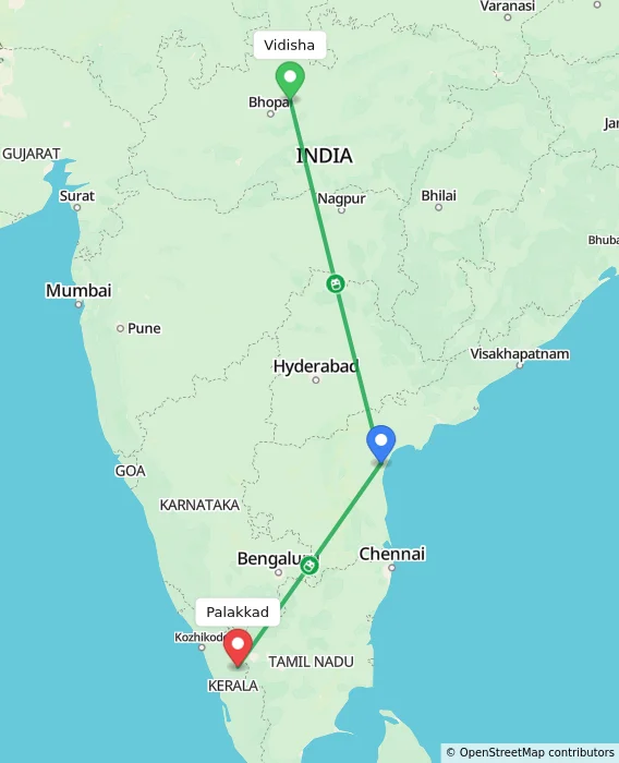 Route map showing distance and travel time from Vidisha, India to Palakkad, India