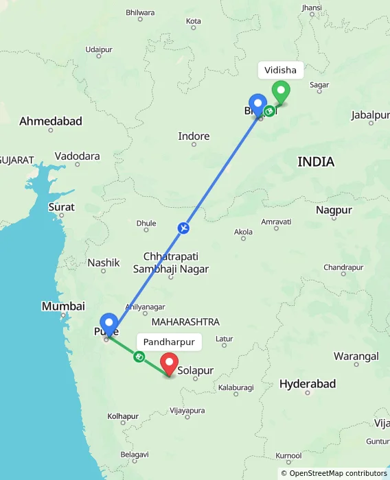 Route map showing distance and travel time from Vidisha, India to Pandharpur, India