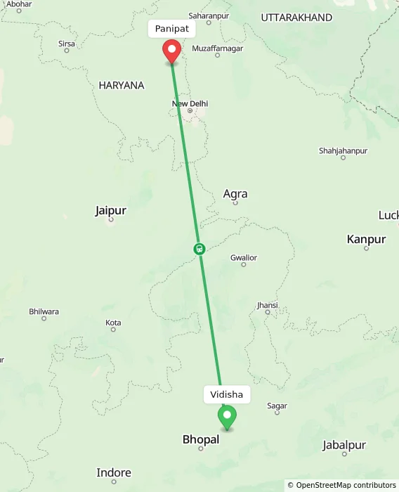 Route map showing distance and travel time from Vidisha, India to Panipat, India