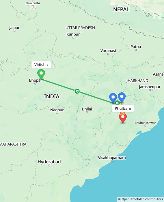 Route map showing distance and travel time from Vidisha, India to Phulbani, India