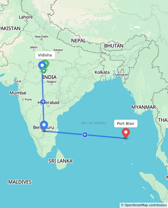 Route map showing distance and travel time from Vidisha, India to Port Blair, India