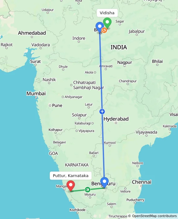Route map showing distance and travel time from Vidisha, India to Puttur, Karnataka, India