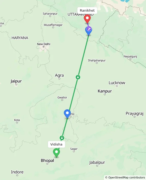 Route map showing distance and travel time from Vidisha, India to Ranikhet, India