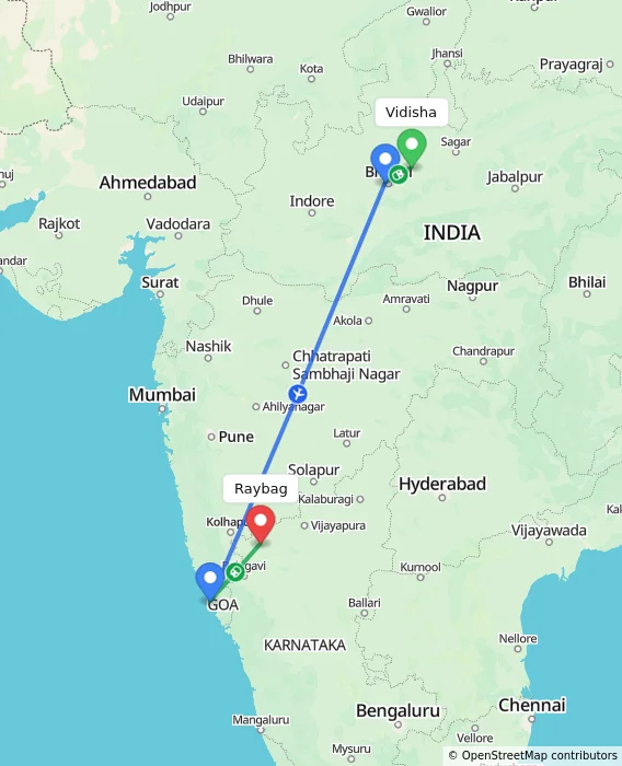Route map showing distance and travel time from Vidisha, India to Raybag, India