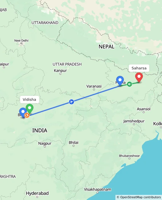 Route map showing distance and travel time from Vidisha, India to Saharsa, India