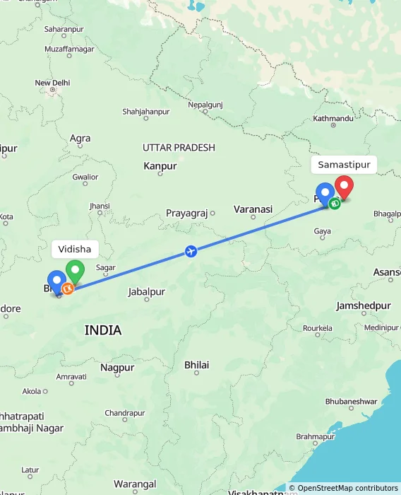 Route map showing distance and travel time from Vidisha, India to Samastipur, India