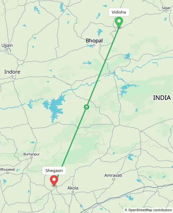 Route map showing distance and travel time from Vidisha, India to Shegaon, India