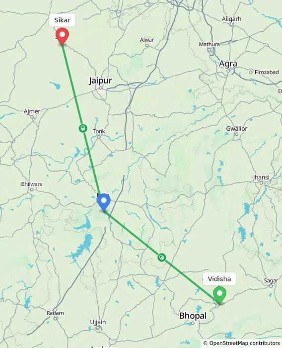 Route map showing distance and travel time from Vidisha, India to Sikar, India