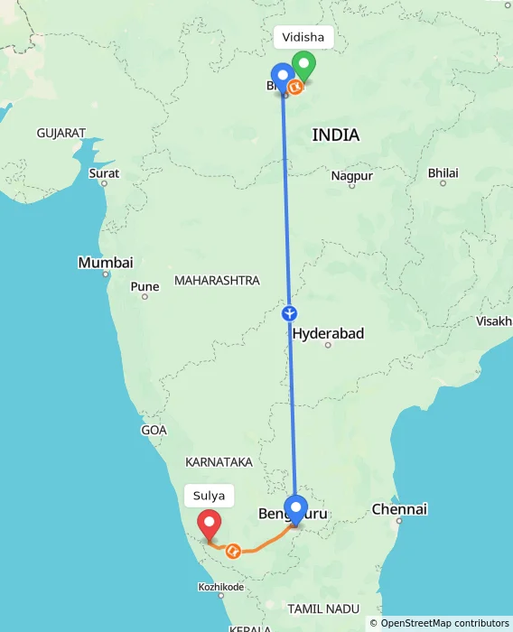 Route map showing distance and travel time from Vidisha, India to Sulya, India