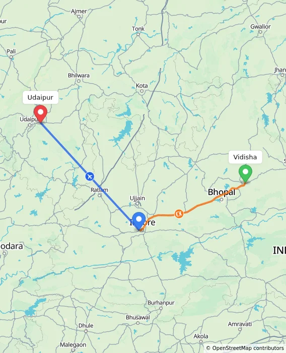 Route map showing distance and travel time from Vidisha, India to Udaipur, India