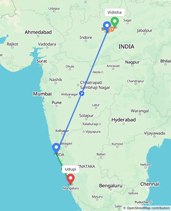 Route map showing distance and travel time from Vidisha, India to Udupi, India