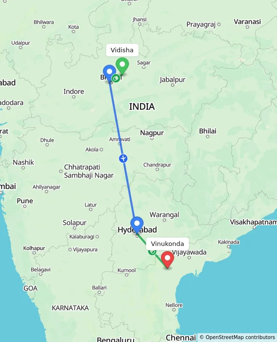 Route map showing distance and travel time from Vidisha, India to Vinukonda, India