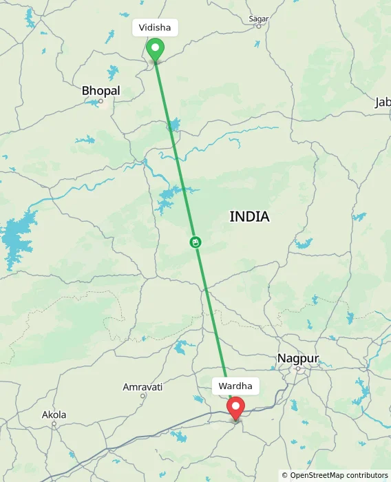 Route map showing distance and travel time from Vidisha, India to Wardha, India