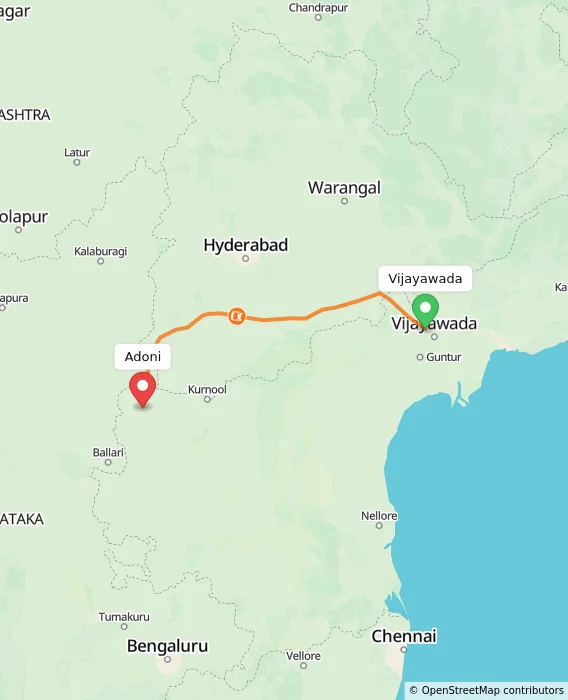 Route map showing distance and travel time from Vijayawada, India to Adoni, India