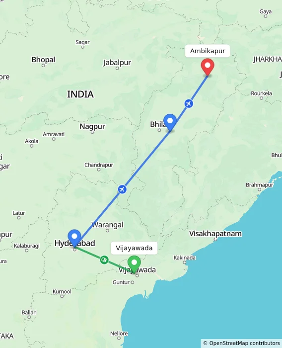 Route map showing distance and travel time from Vijayawada, India to Ambikapur, India