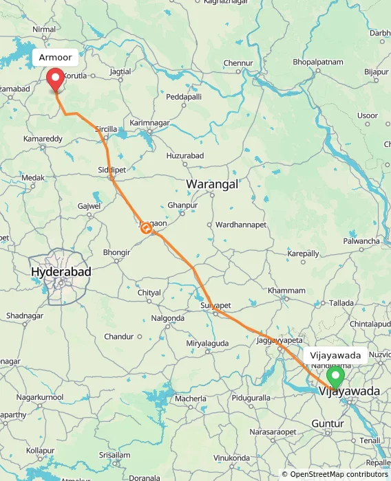 Route map showing distance and travel time from Vijayawada, India to Armoor, India