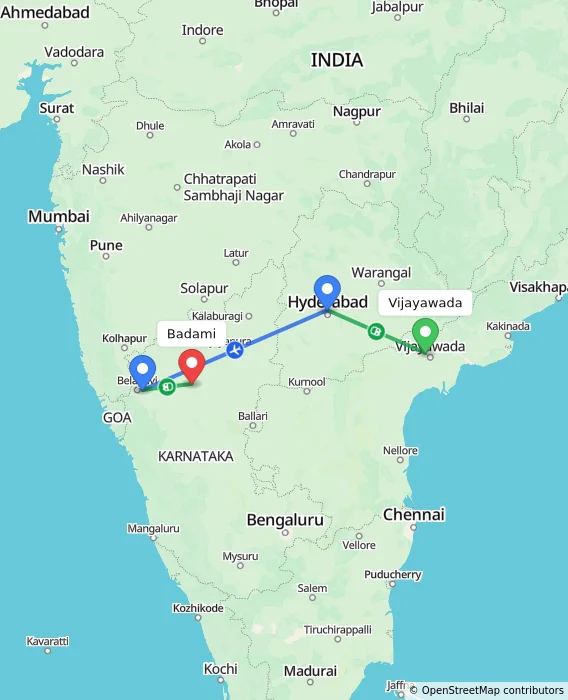 Route map showing distance and travel time from Vijayawada, India to Badami, India