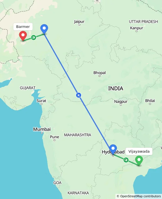 Route map showing distance and travel time from Vijayawada, India to Barmer, India