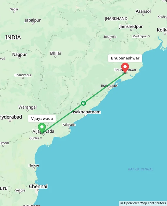 Route map showing distance and travel time from Vijayawada, India to Bhubaneshwar, India