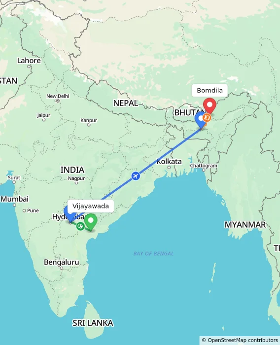 Route map showing distance and travel time from Vijayawada, India to Bomdila, India
