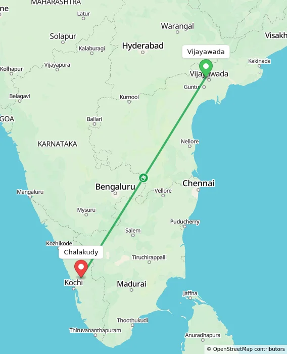 Route map showing distance and travel time from Vijayawada, India to Chalakudy, India