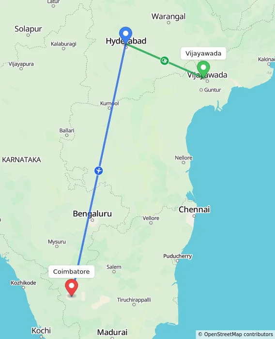 Route map showing distance and travel time from Vijayawada, India to Coimbatore, India