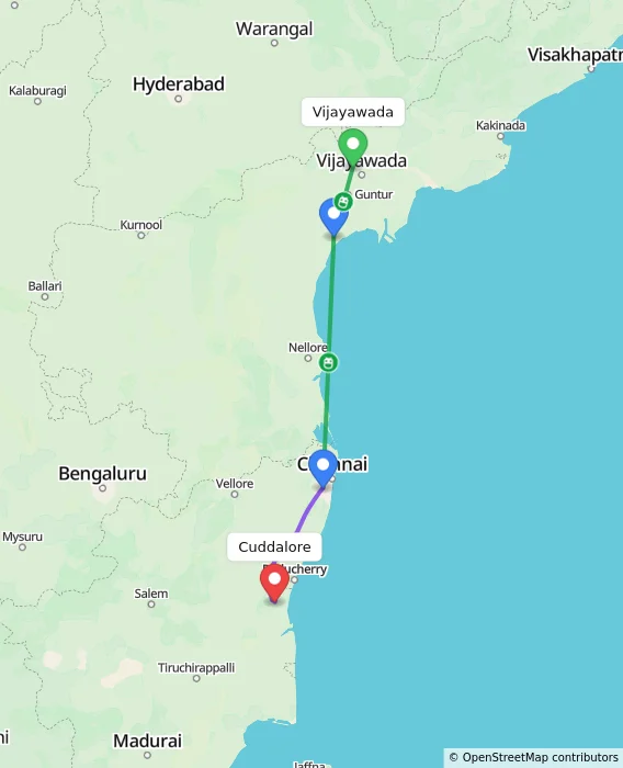 Route map showing distance and travel time from Vijayawada, India to Cuddalore, India
