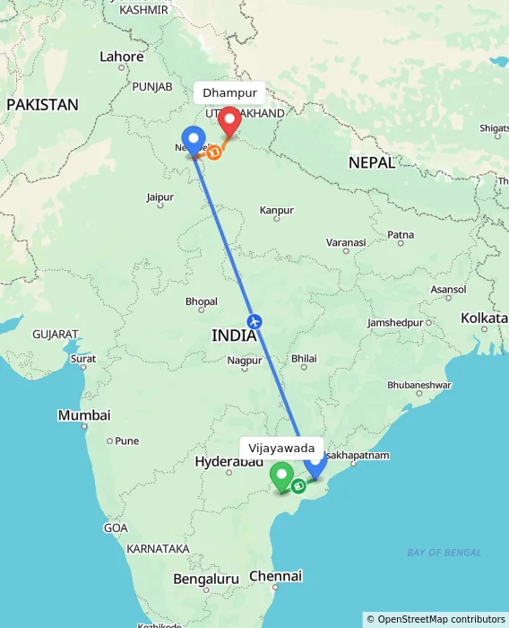 Route map showing distance and travel time from Vijayawada, India to Dhampur, India