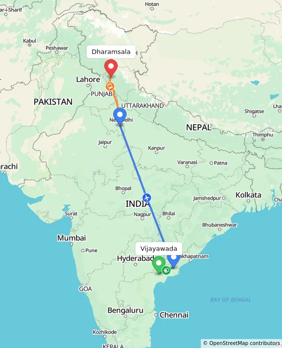 Route map showing distance and travel time from Vijayawada, India to Dharamsala, India