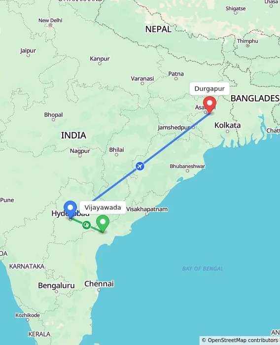 Route map showing distance and travel time from Vijayawada, India to Durgapur, India