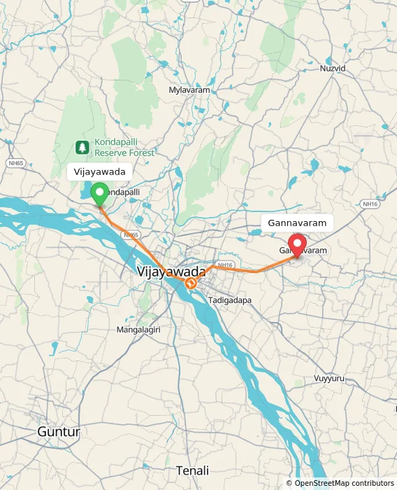 Route map showing distance and travel time from Vijayawada, India to Gannavaram, India