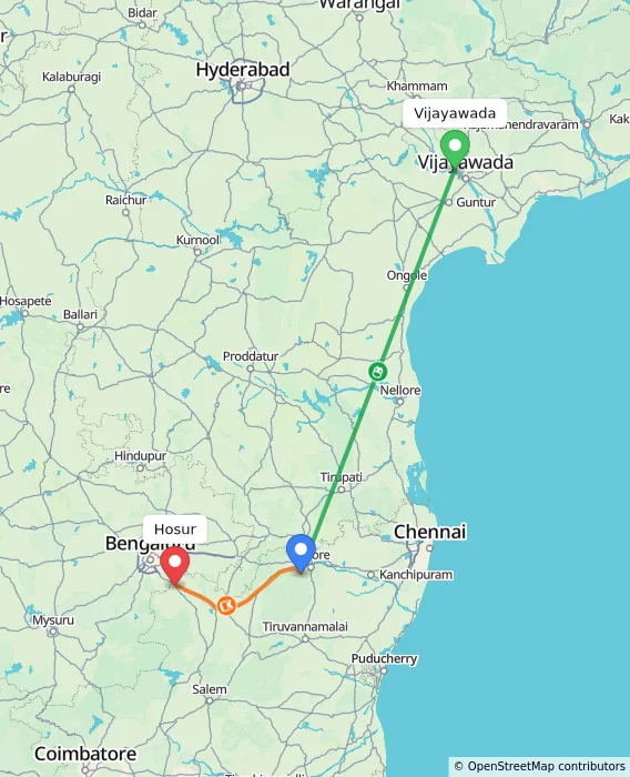 Route map showing distance and travel time from Vijayawada, India to Hosur, India