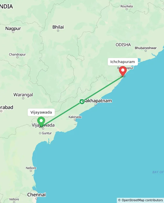 Route map showing distance and travel time from Vijayawada, India to Ichchapuram, India