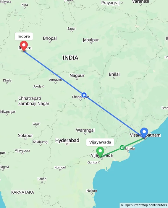 Route map showing distance and travel time from Vijayawada, India to Indore, India
