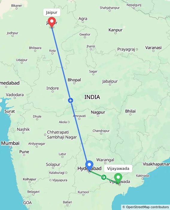 Route map showing distance and travel time from Vijayawada, India to Jaipur, India