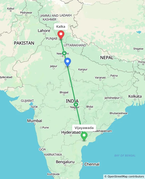 Route map showing distance and travel time from Vijayawada, India to Kalka, India