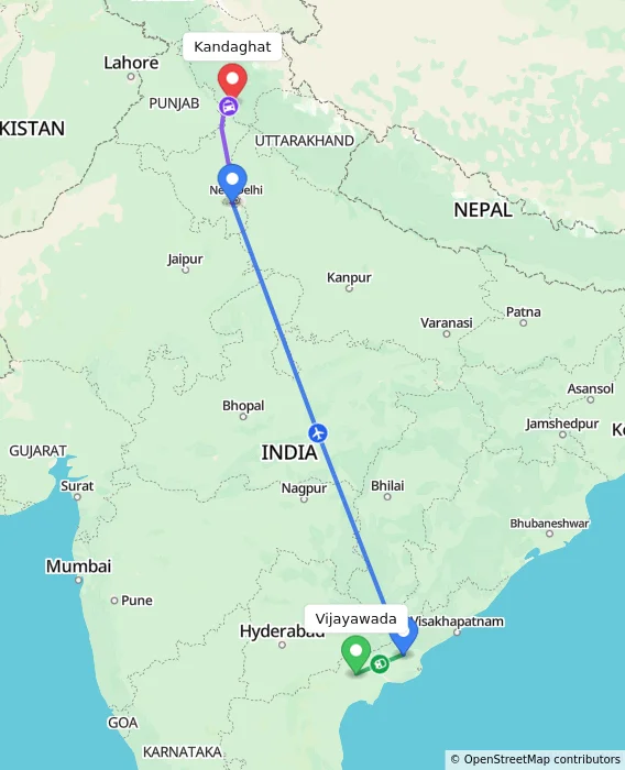 Route map showing distance and travel time from Vijayawada, India to Kandaghat, India