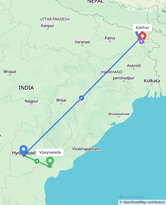 Route map showing distance and travel time from Vijayawada, India to Katihar, India