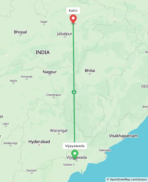 Route map showing distance and travel time from Vijayawada, India to Katni, India