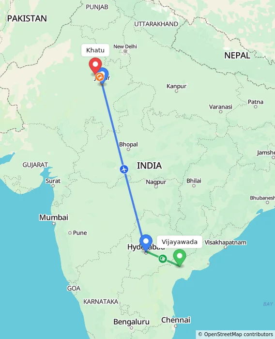 Route map showing distance and travel time from Vijayawada, India to Khatu, India