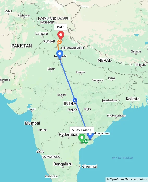 Route map showing distance and travel time from Vijayawada, India to Kufri, India