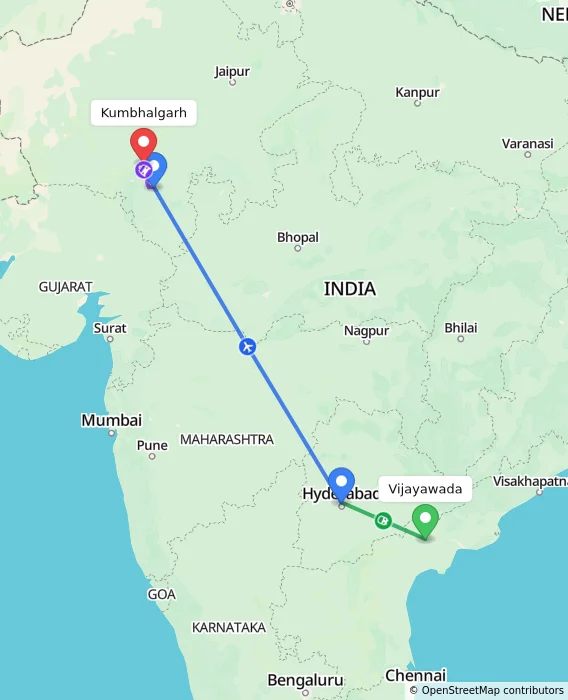 Route map showing distance and travel time from Vijayawada, India to Kumbhalgarh, India