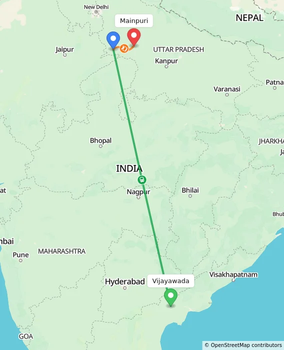 Route map showing distance and travel time from Vijayawada, India to Mainpuri, India
