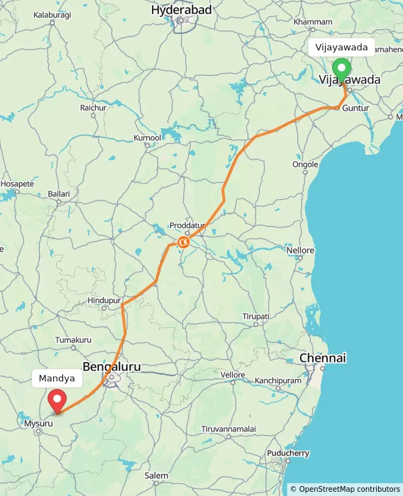 Route map showing distance and travel time from Vijayawada, India to Mandya, India