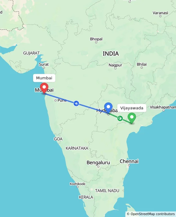 Route map showing distance and travel time from Vijayawada, India to Mumbai, India