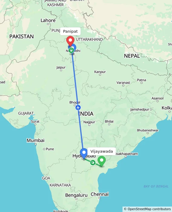 Route map showing distance and travel time from Vijayawada, India to Panipat, India