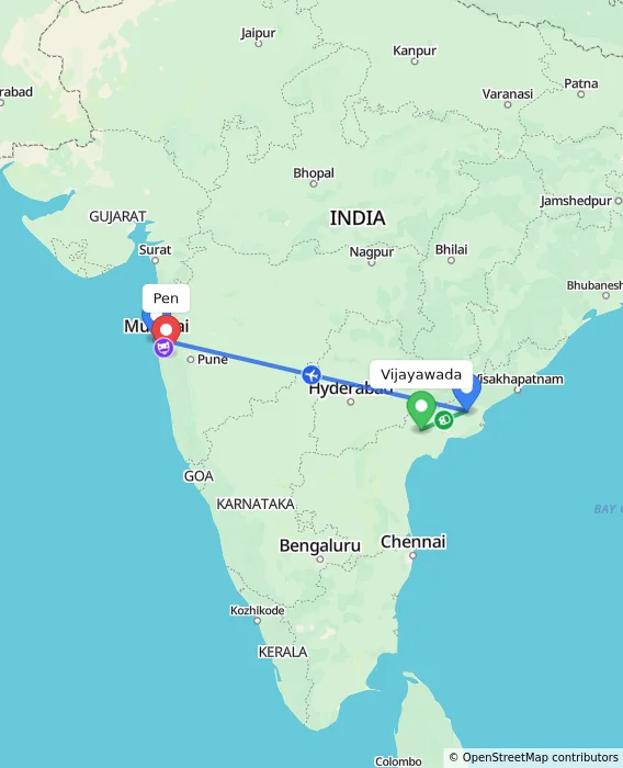 Route map showing distance and travel time from Vijayawada, India to Pen, India