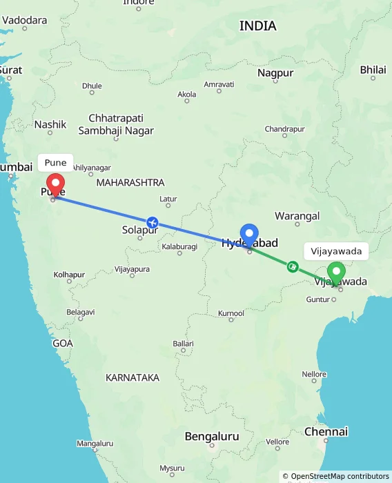 Route map showing distance and travel time from Vijayawada, India to Pune, India