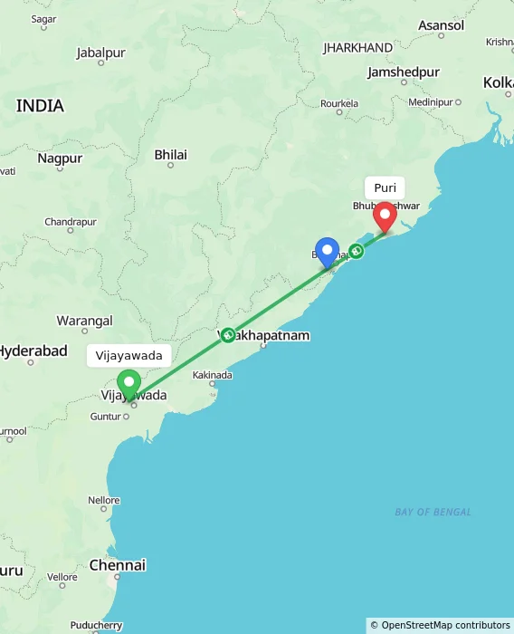 Route map showing distance and travel time from Vijayawada, India to Puri, India