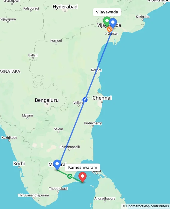 Route map showing distance and travel time from Vijayawada, India to Rameshwaram, India